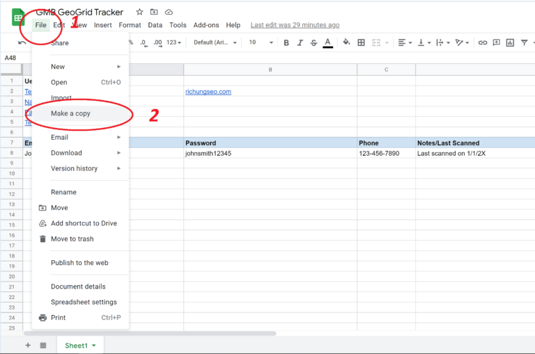 Spreadsheet showing where File and Make a Copy is